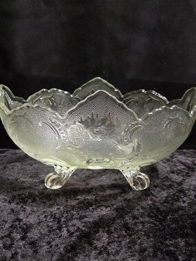Vintage Jeanette Glass Scroll Footed Fruit Bowl- Oval Jade Edges  11" x 7" x 5.5